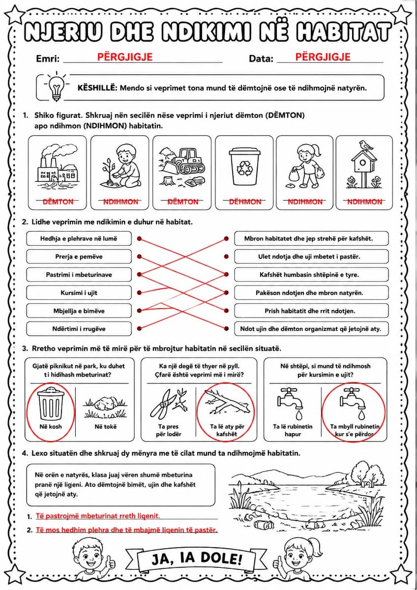 Answer key for Njeriu dhe ndikimi në habitat — free printable Science worksheet