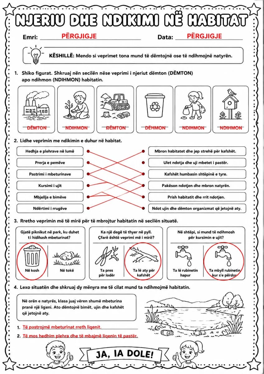 Answer key for Njeriu dhe ndikimi në habitat — free printable Science worksheet