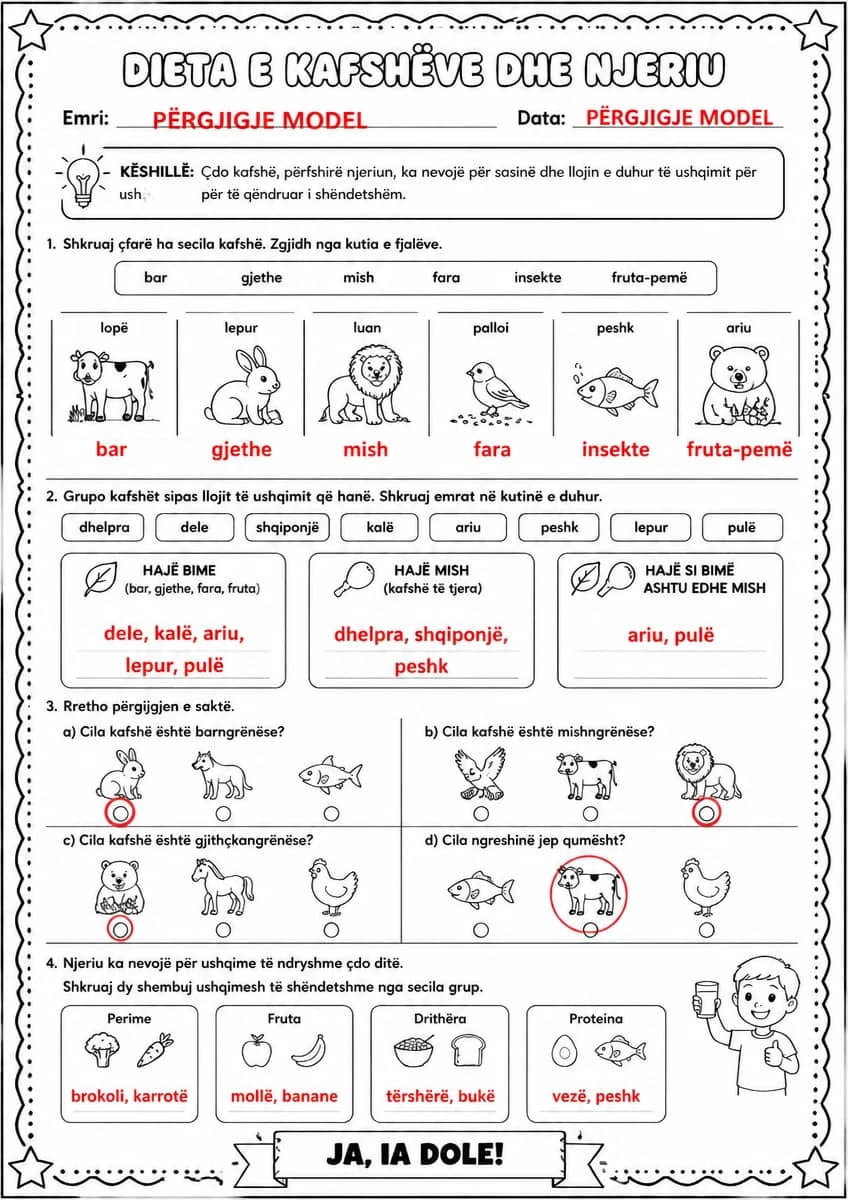 Answer key for Dieta e kafshëve dhe njeriu — free printable Science worksheet