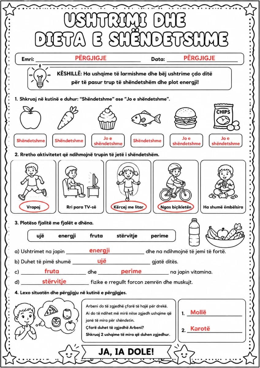 Answer key for Ushtrimi dhe dieta e shëndetshme — free printable Science worksheet