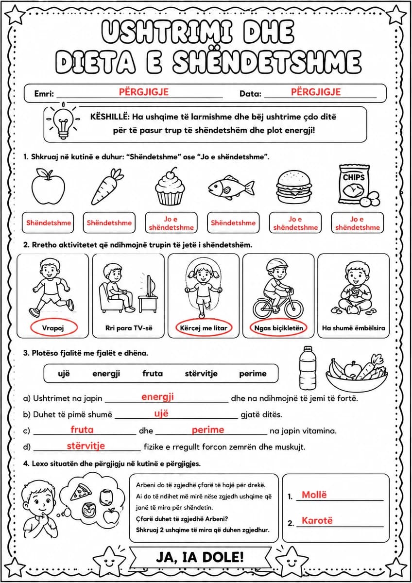 Answer key for Ushtrimi dhe dieta e shëndetshme — free printable Science worksheet