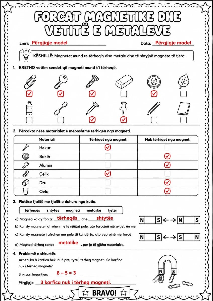 Answer key for Forcat magnetike dhe vetitë e metaleve — free printable Science worksheet