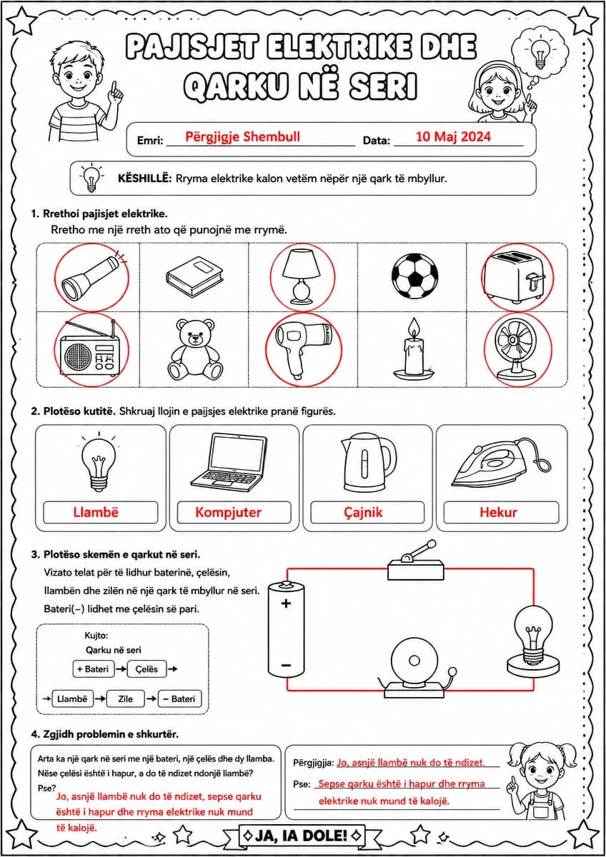 Answer key for Pajisjet elektrike dhe qarku në seri — free printable Science worksheet