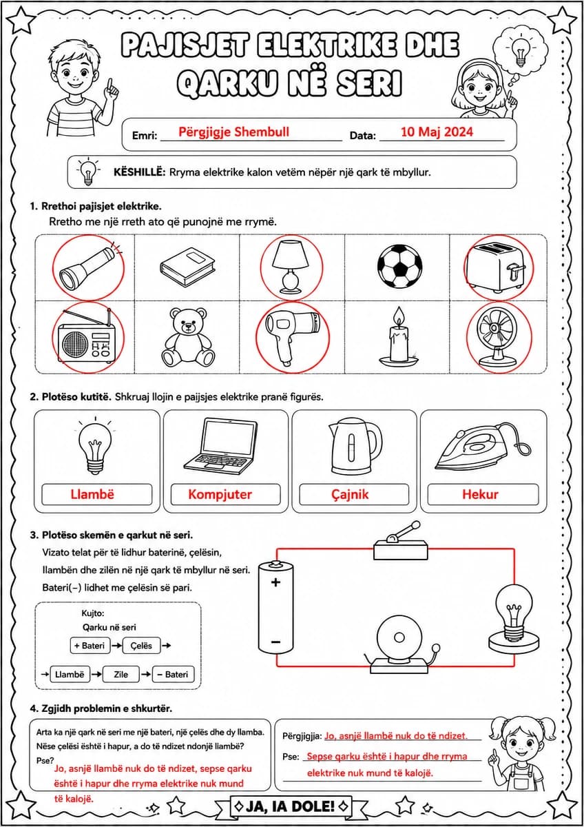 Answer key for Pajisjet elektrike dhe qarku në seri — free printable Science worksheet