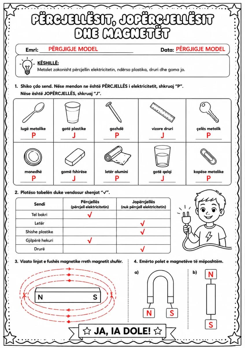 Answer key for Përcjellësit, jopërcjellësit dhe magnetët — free printable Science worksheet