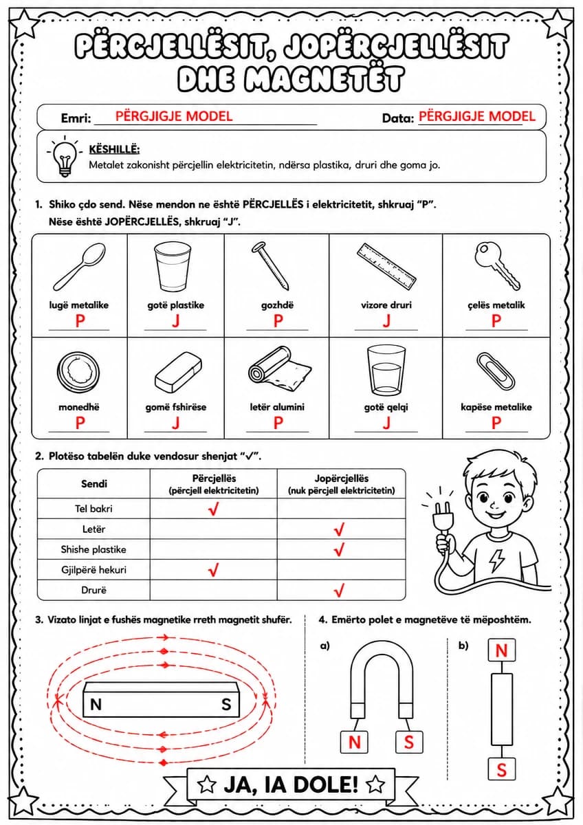 Answer key for Përcjellësit, jopërcjellësit dhe magnetët — free printable Science worksheet