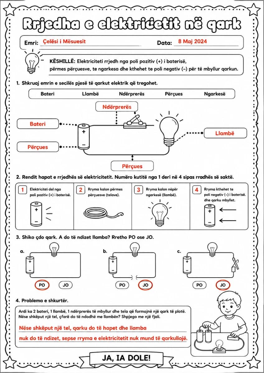 Answer key for Rrjedha e elektricitetit në qark — free printable Science worksheet