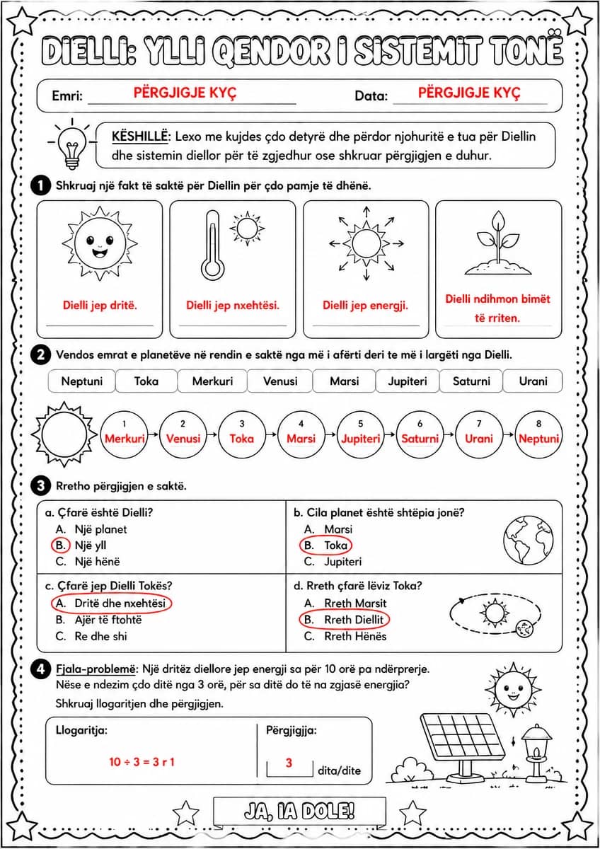 Answer key for Dielli — ylli qendror i sistemit tonë — free printable Science worksheet