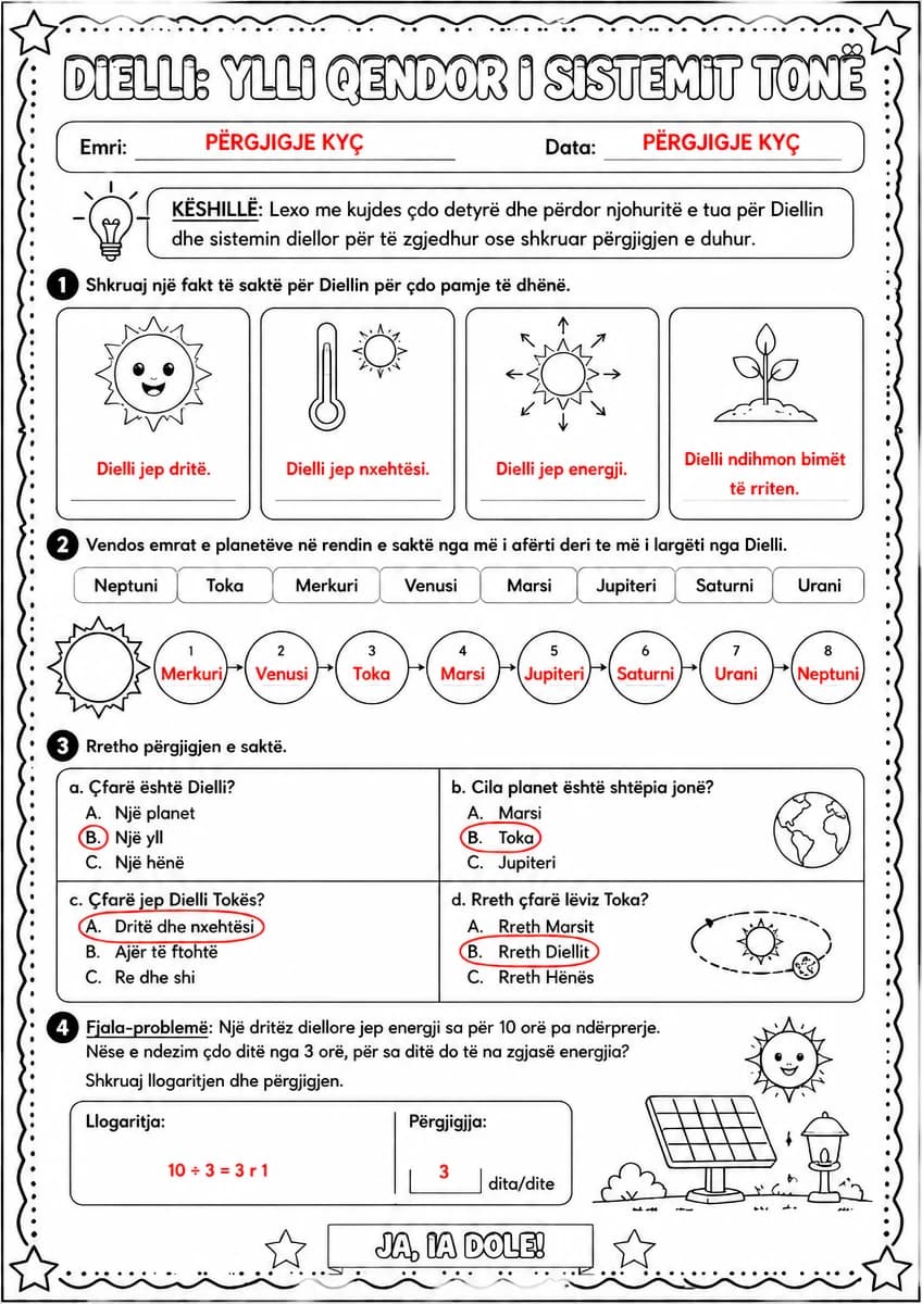 Answer key for Dielli — ylli qendror i sistemit tonë — free printable Science worksheet
