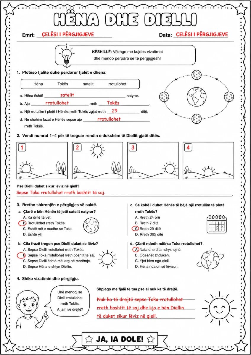 Answer key for Hëna si satelit dhe lëvizja e dukshme e Diellit — free printable Science worksheet