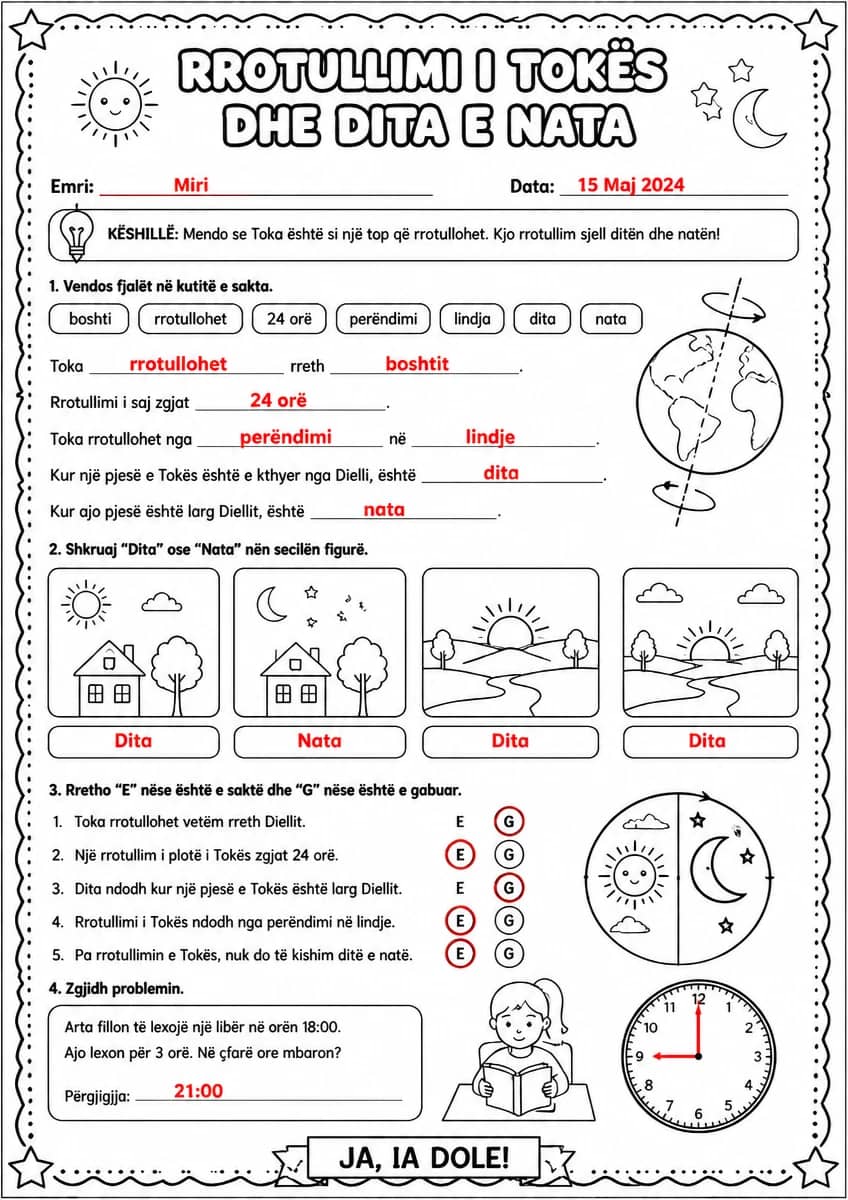Answer key for Rrotullimi i Tokës dhe dita e nata — free printable Science worksheet