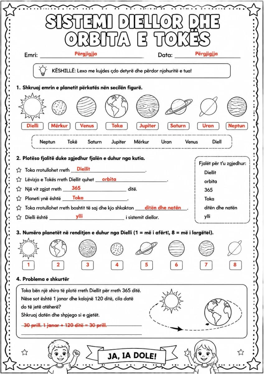 Answer key for Sistemi diellor dhe orbita e Tokës — free printable Science worksheet