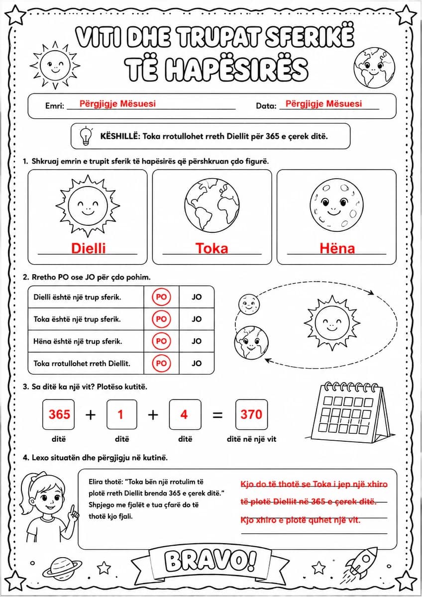 Answer key for Viti dhe trupat sferikë të hapësirës — free printable Science worksheet
