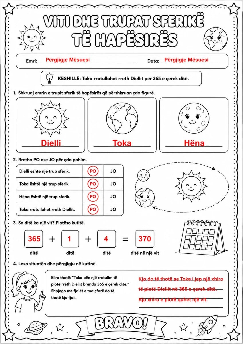 Answer key for Viti dhe trupat sferikë të hapësirës — free printable Science worksheet