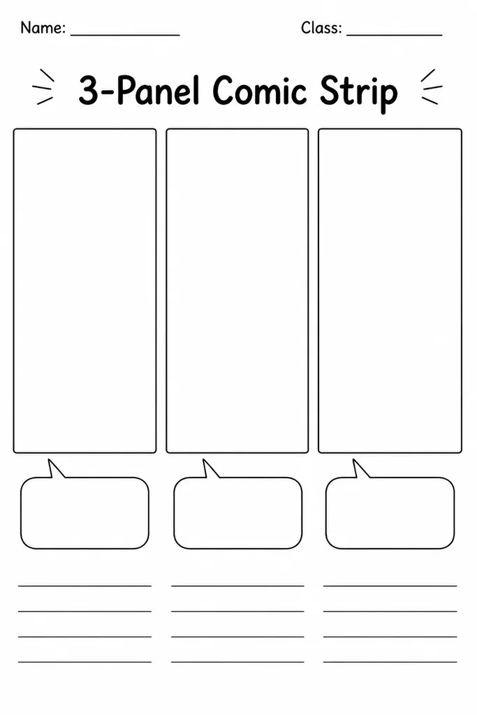 Free printable 3-panel comic strip template showing three blank horizontal frames with caption lines below each panel