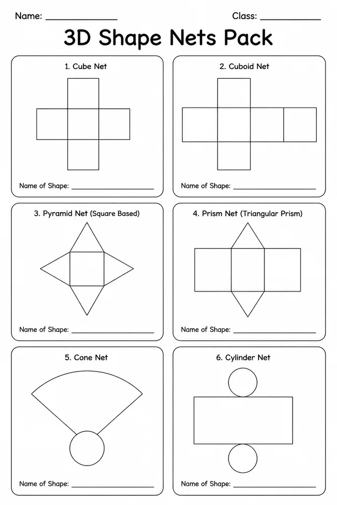 Free printable 3D shape nets pack showing blank fold-out nets for cube, cuboid, pyramid, triangular prism, cone, and cylinder