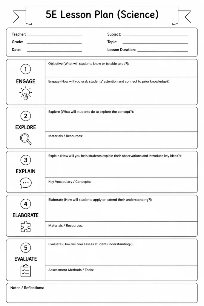 Blank printable 5E science lesson plan template with sections for Engage, Explore, Explain, Elaborate, and Evaluate