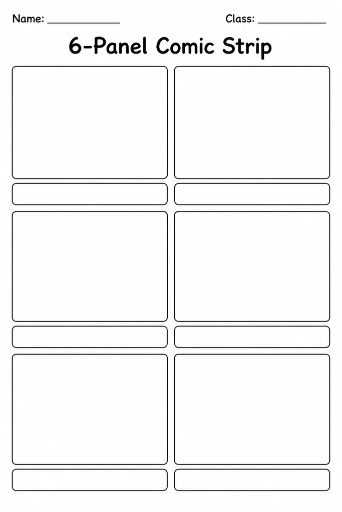Free printable 6-panel comic strip template with six blank frames arranged in a two-column grid and ruled caption lines below each panel