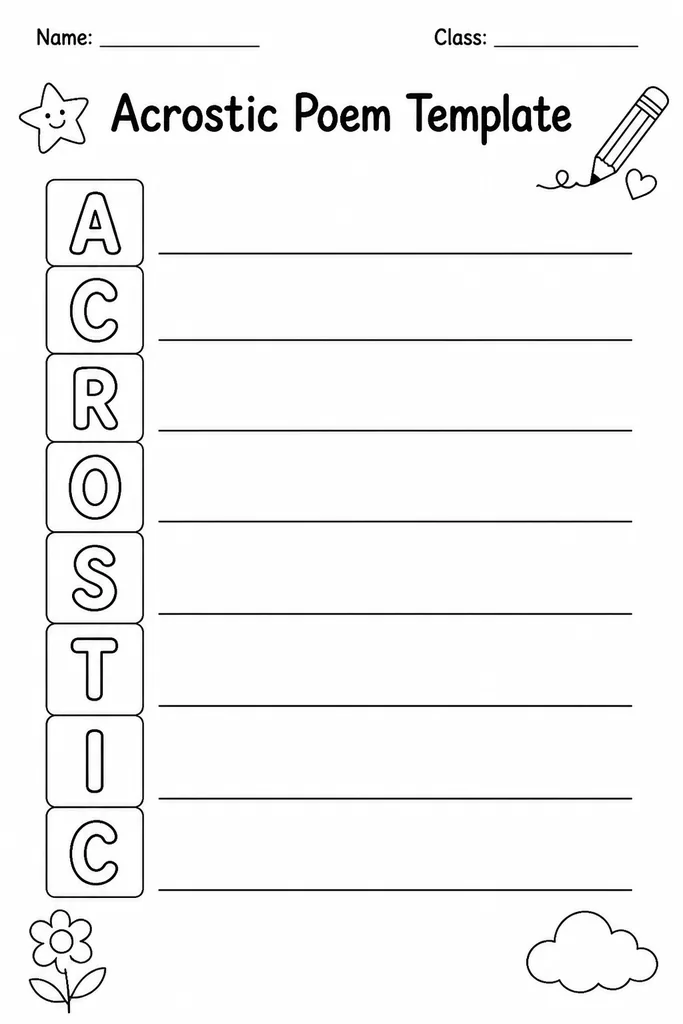 Free printable acrostic poem template with a blank letter column down the left side and long ruled lines extending right for each letter of the poem
