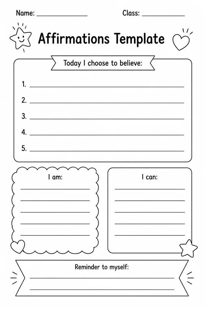 Blank printable affirmations template with numbered lines for students to write their own positive personal statements, grades 1 to 8