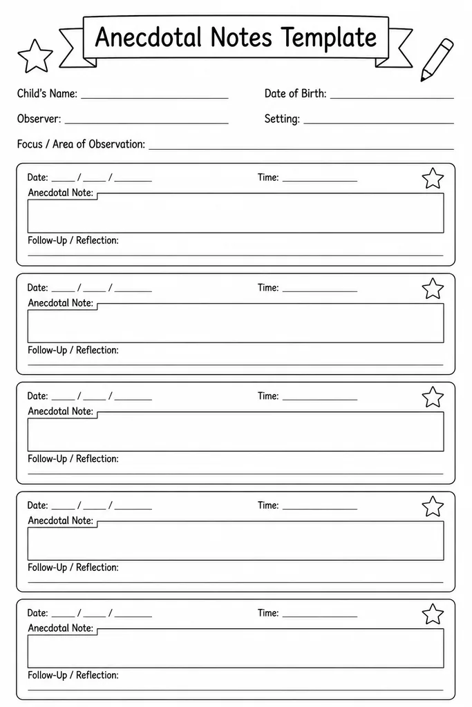 Blank printable anecdotal notes template with dated observation boxes for teachers to record pupil learning moments and behaviours