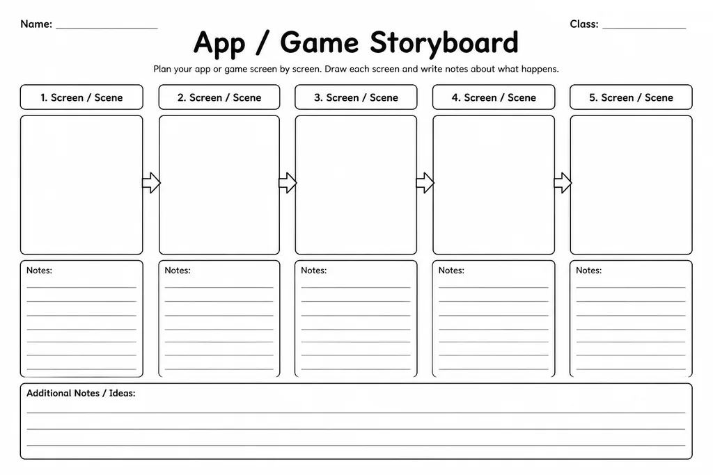 Free printable app and game storyboard template showing blank screen frames with lined notes sections for planning digital projects