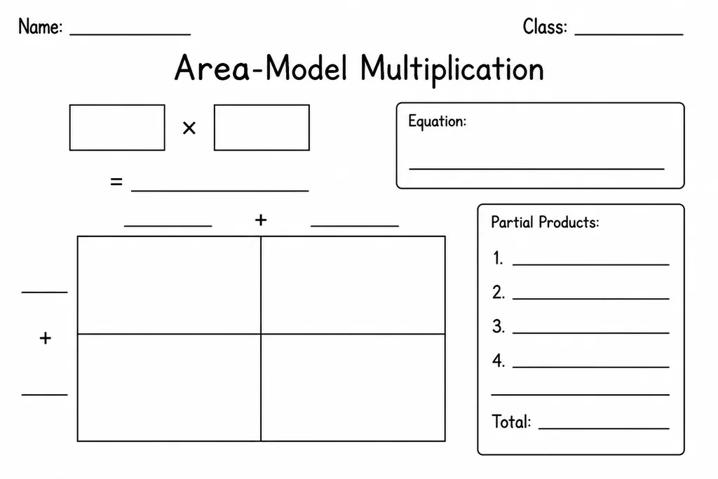 Blank printable area model multiplication template with a large rectangle divided into cells for writing partial products using the box method