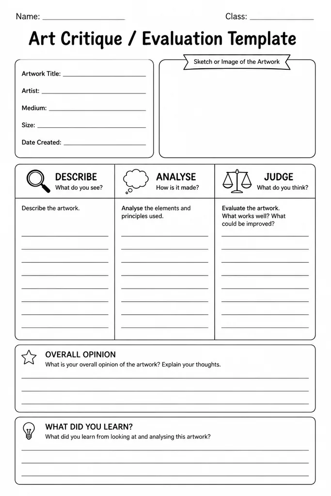 Blank art critique evaluation template with four labelled sections: Describe, Analyse, Interpret, and Judge, each with ruled writing lines