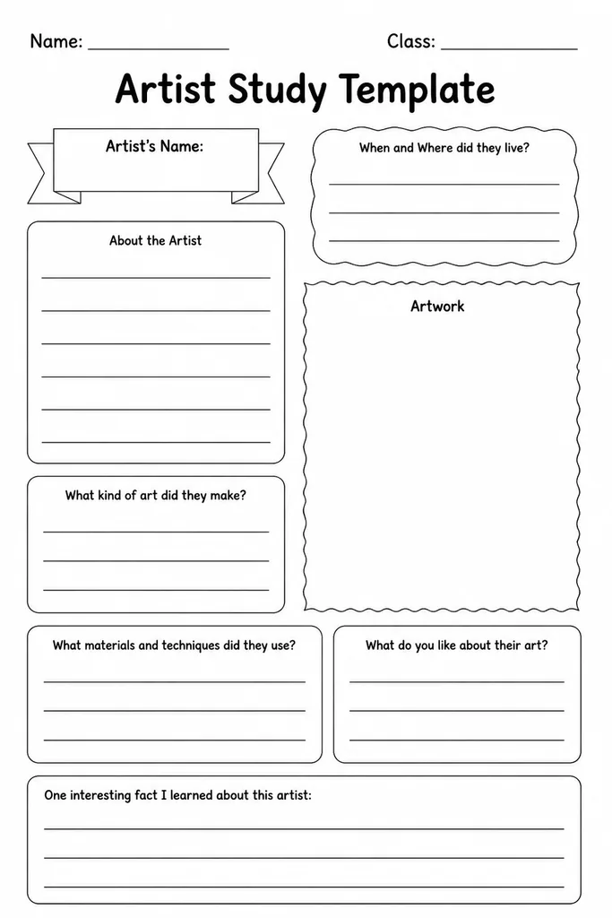 Blank artist study template with a large artwork box on one side and structured response lines for name, dates, style analysis, and personal connection