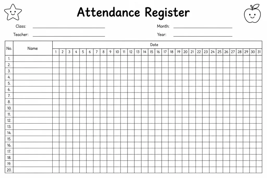 Blank printable attendance register template with student name column on the left and date columns across the top for daily roll call