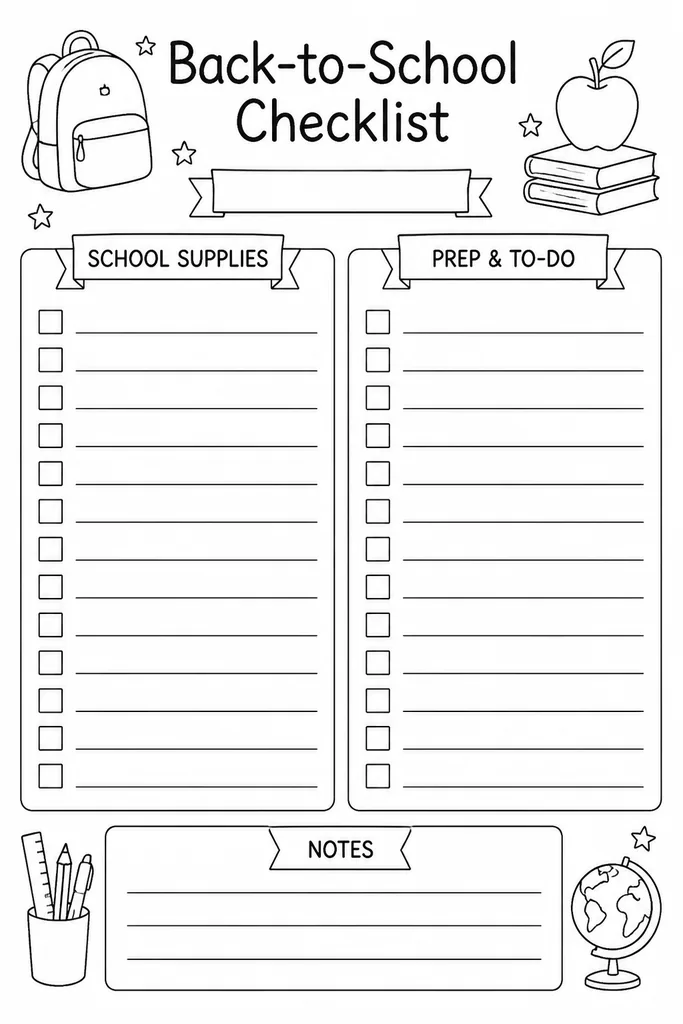 Blank back-to-school supplies and preparation checklist with empty rows divided into categories for stationery, clothing, and admin tasks