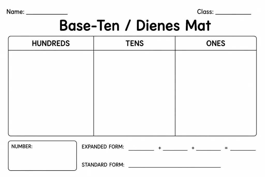 Blank printable base-ten Dienes mat with three columns labeled Hundreds, Tens, and Ones for elementary math place-value work