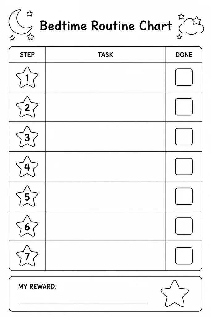 Blank printable bedtime routine chart template with empty rows for calming evening tasks and tick boxes, designed for young children to complete independently at night