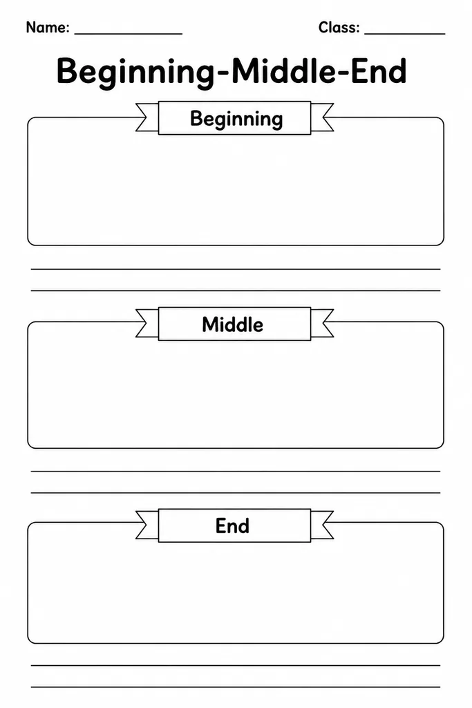 Blank printable beginning-middle-end graphic organizer with three stacked labeled boxes for young students to retell or plan a story
