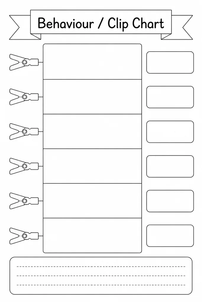 Blank printable behaviour clip chart showing tiered coloured bands from top outstanding level to bottom consequence level with peg slots