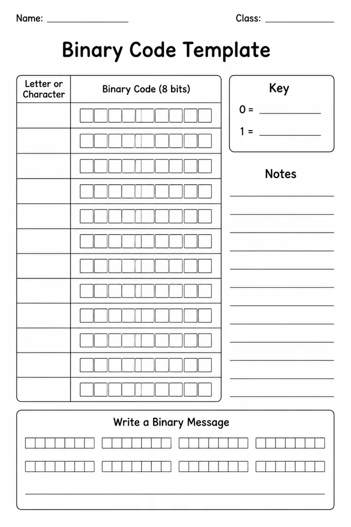 Free printable binary code template showing rows of blank eight-bit cells with place-value headers 128 through 1 for student practice