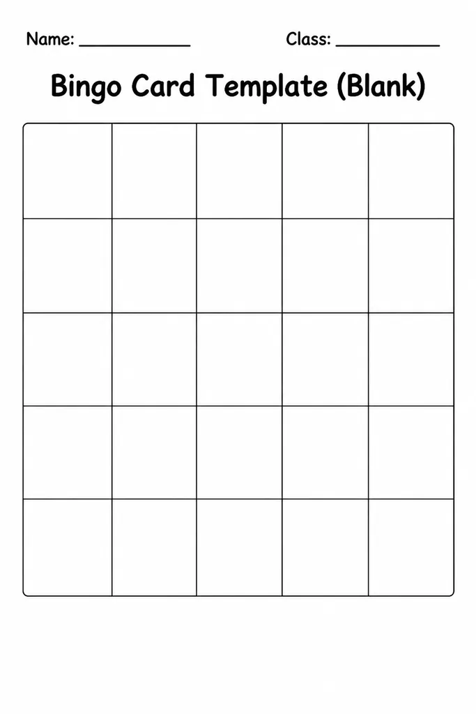 Blank printable 5x5 bingo card template with empty squares for custom Spanish vocabulary game