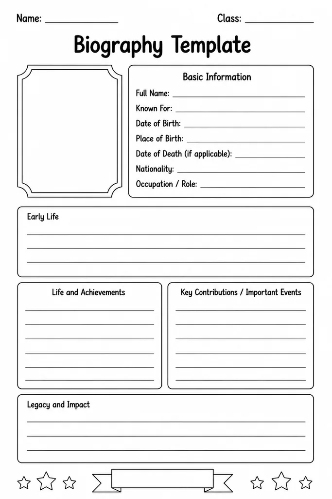 Free printable biography template with labelled sections for name, birth date, early life, achievements, challenges, legacy, and a portrait drawing box.