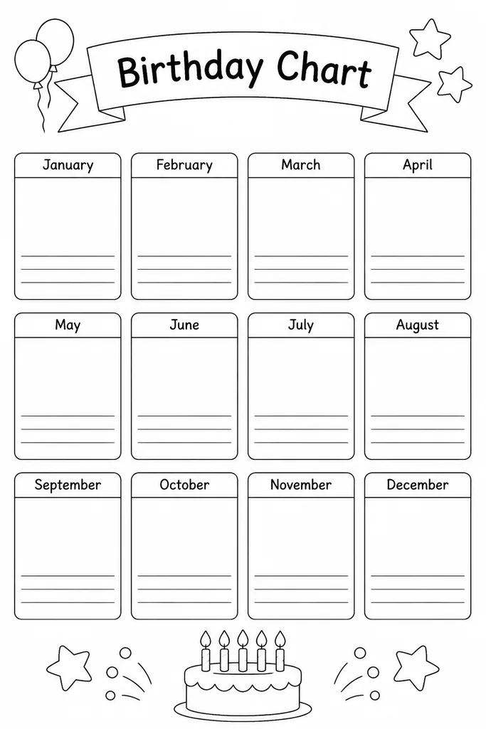 Blank printable birthday chart organized by month with space for student names, designed for classroom wall display