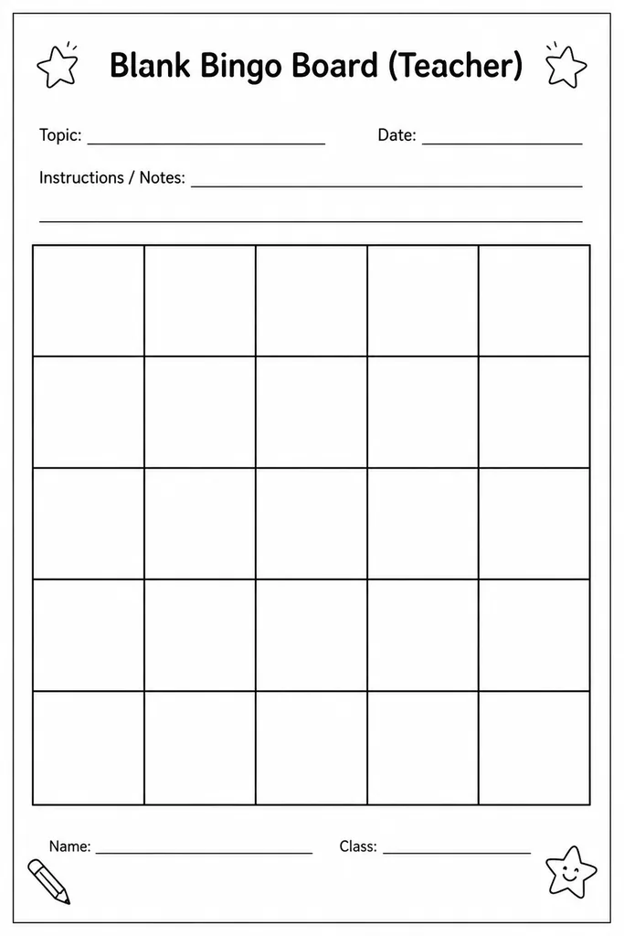 A printable blank bingo grid with empty squares, a free-space centre, and a teacher caller reference column, ready to fill with any content