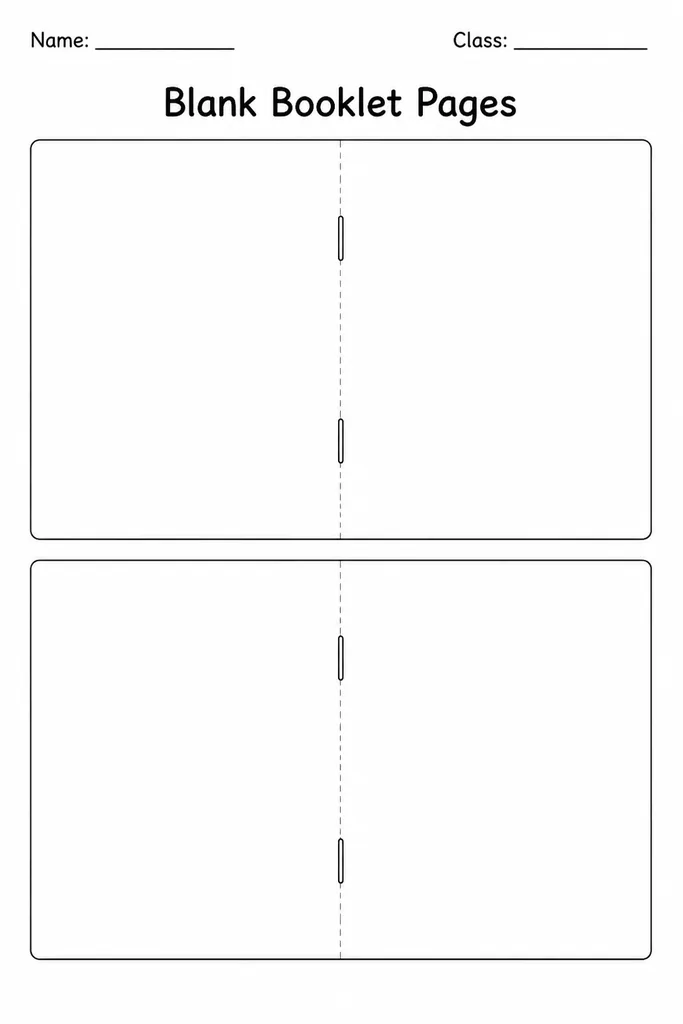 Stack of blank booklet pages with optional illustration box at top and ruled writing lines below, ready to staple into a student book
