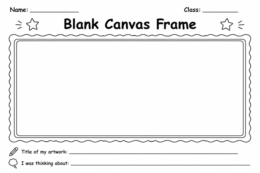 Free printable blank canvas frame template with a decorative border surrounding an empty drawing space for students kindergarten through grade 8