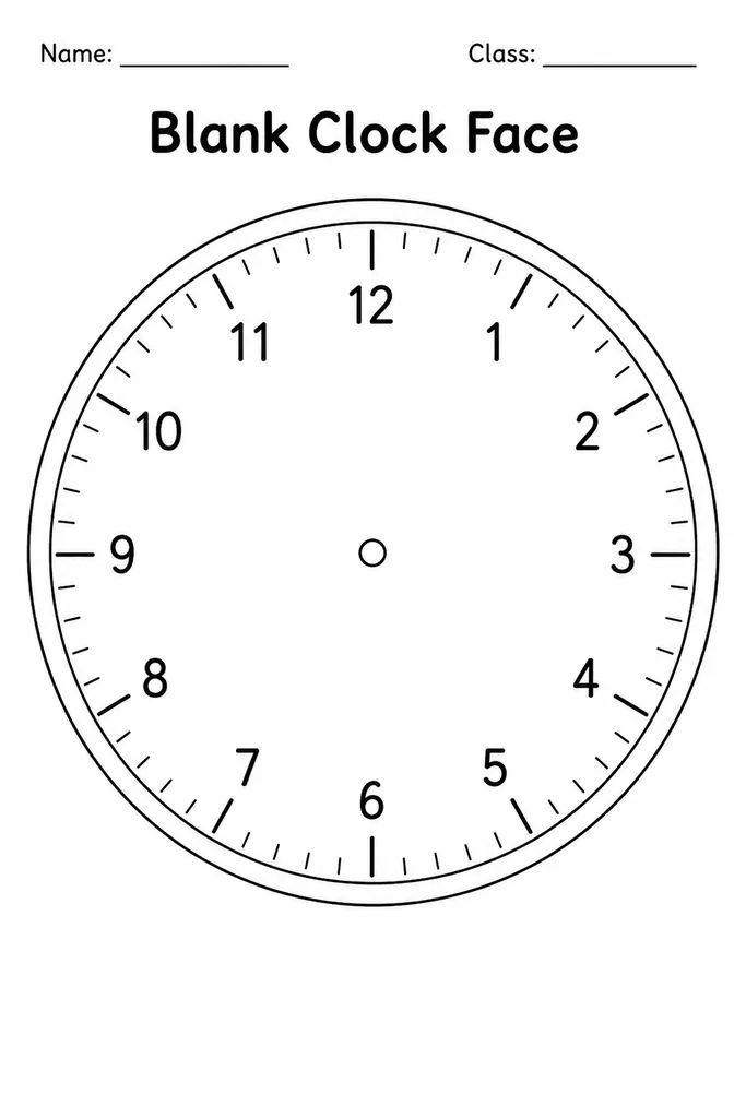 Blank analogue clock face printable template with hour numbers and minute tick marks but no hands drawn, ready for students to fill in