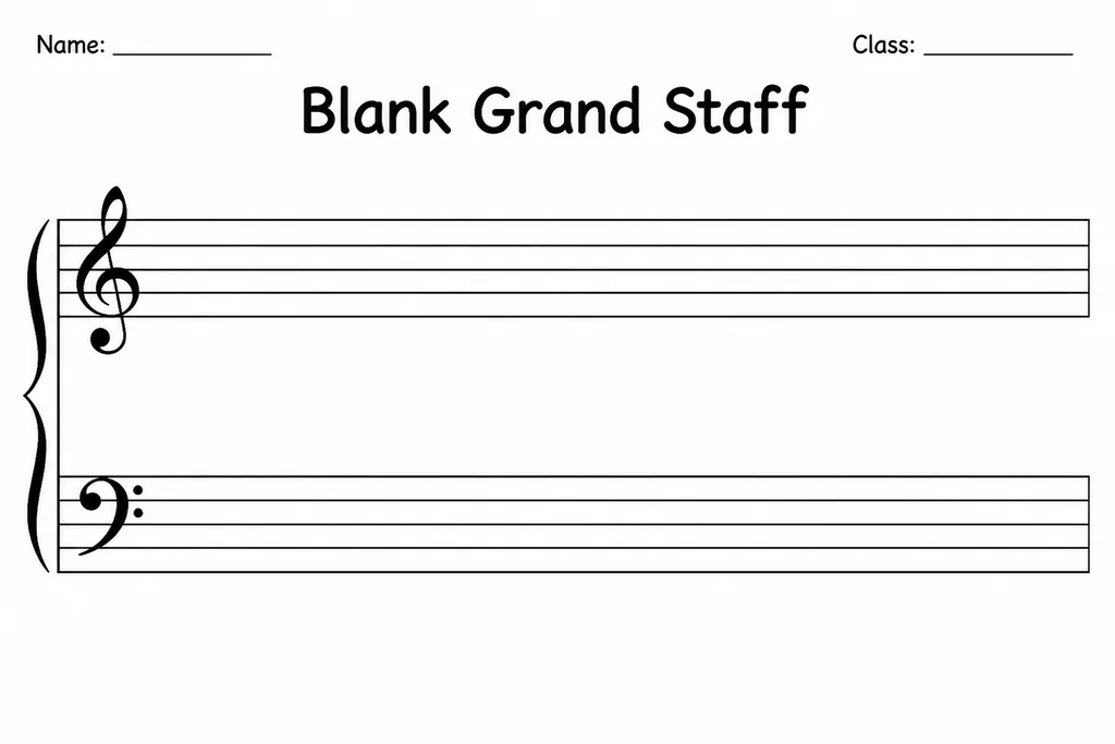 Printable blank grand staff template showing paired treble and bass clef staves joined by a brace, ready to fill in notes