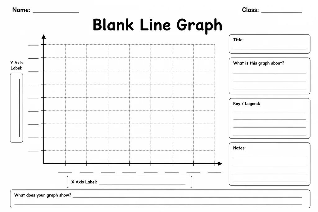 Blank printable line graph template with labelled x and y axes and a fine grid for student data plotting