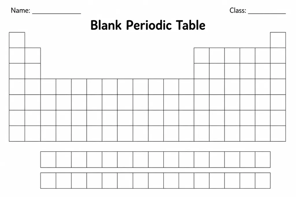 Blank periodic table printable template with empty numbered cells arranged in the standard 18-column grid layout for students to fill in