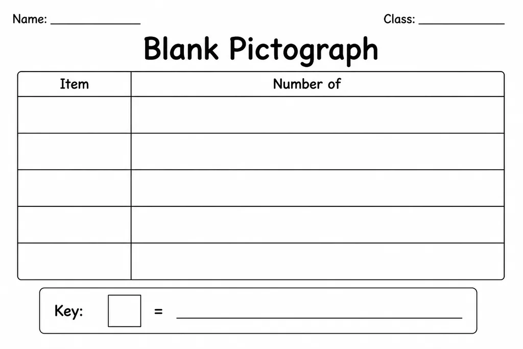 Blank printable pictograph template with five labelled rows and an empty key box for student data activities