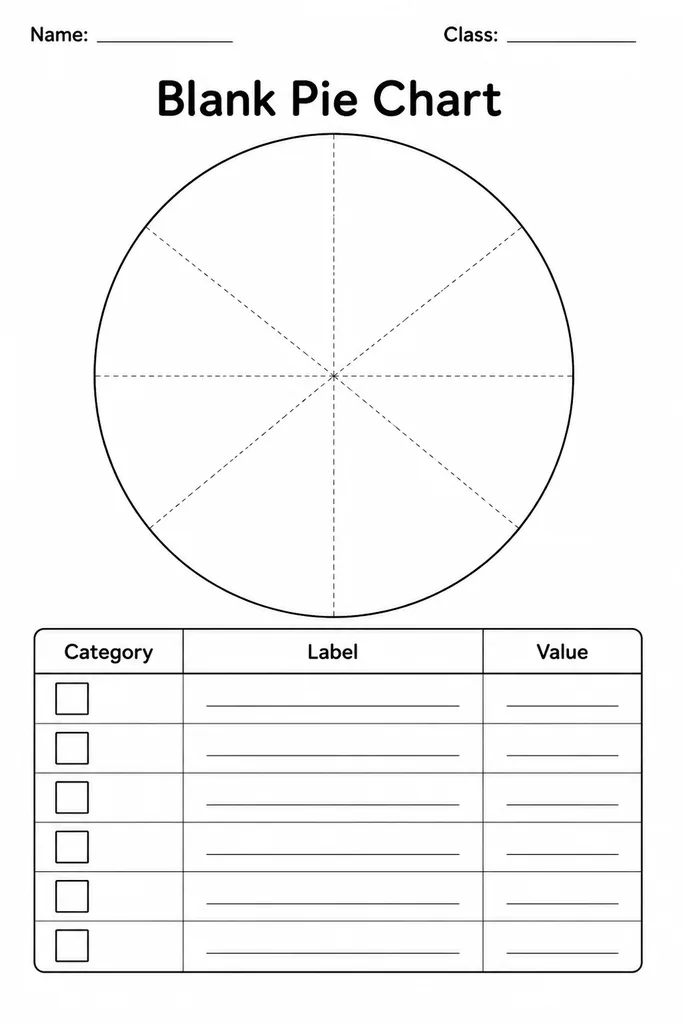 Blank printable pie chart template with a large circle and faint segment guide lines for student data activities