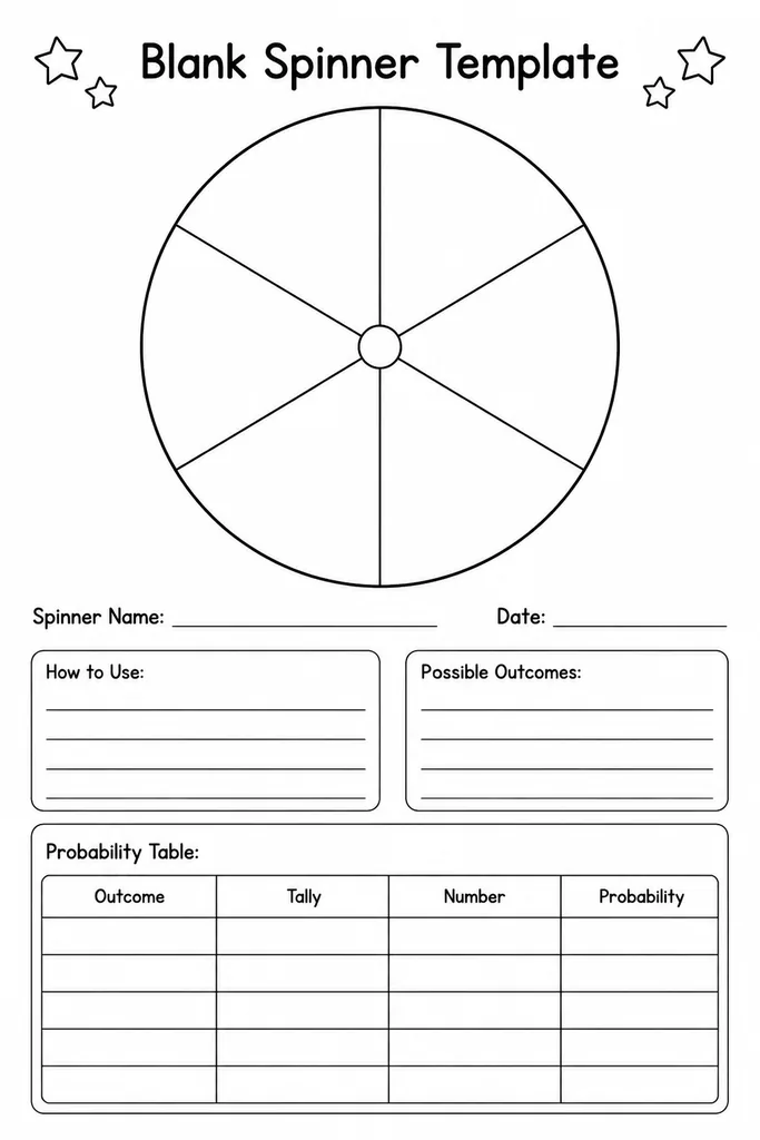 A blank printable spinner template with six equal sections divided by lines radiating from the centre, ready to label for games or probability lessons