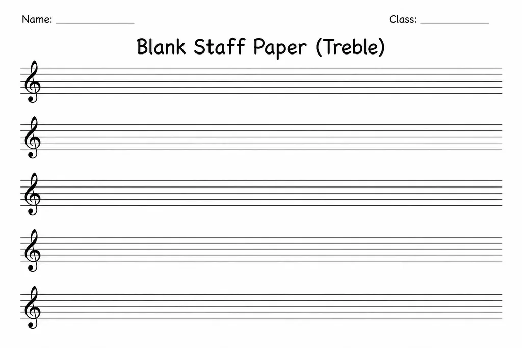 Blank treble clef staff paper printable with multiple empty five-line staves each headed by a pre-printed treble clef symbol